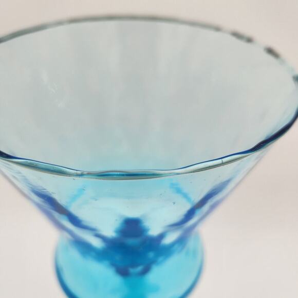 MCM Empoli Italy Azure Blue Long Stem Hand Blown Art Glass Scalloped Rim Vintage - Picture 6 of 9